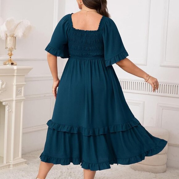 Women's Plus Size Maxi Dress Polyester Square Neck Short Sleeves Elegant - Picture 6 of 7